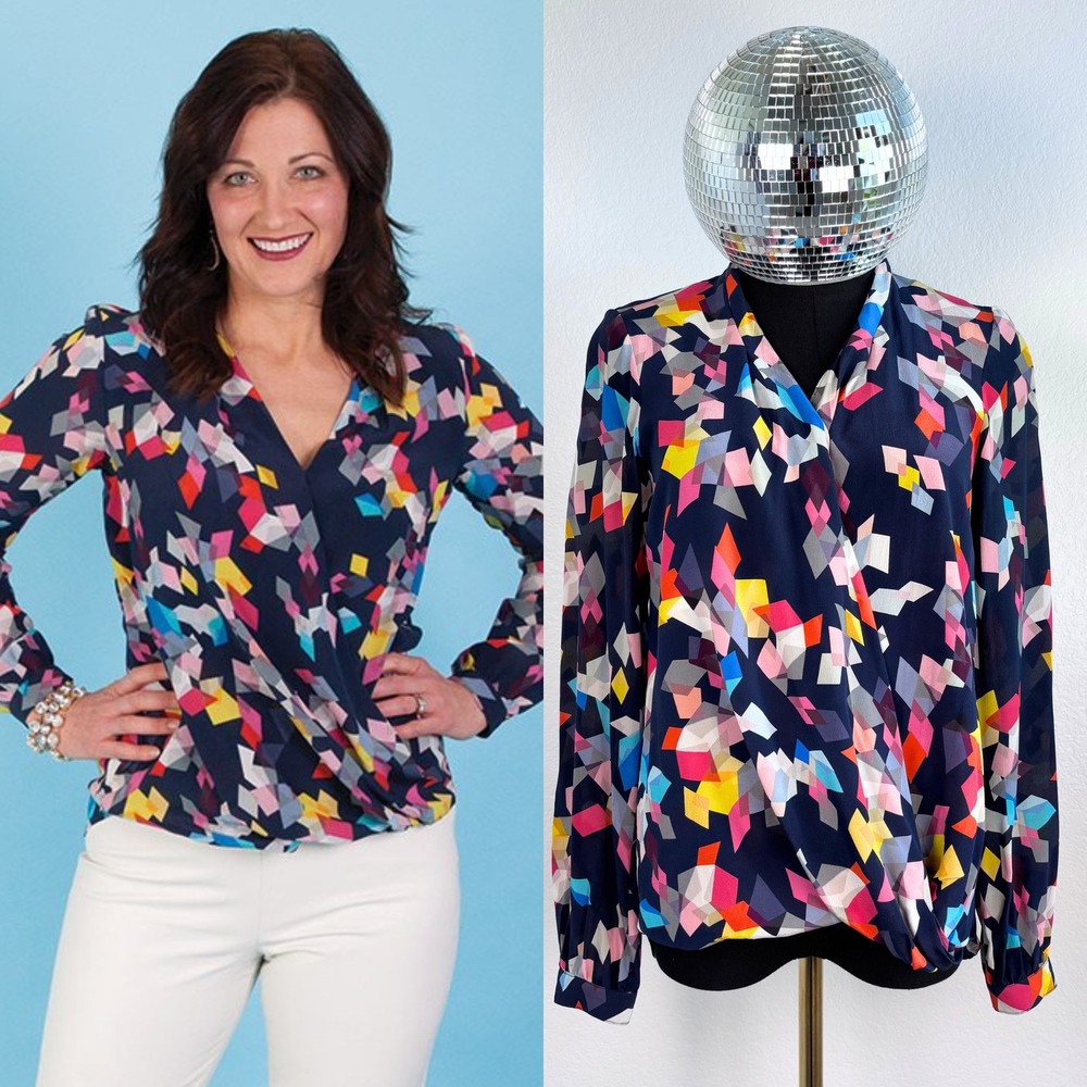 Trina Turk Muriel Geometric Print Silk Blouse, XS Top, Navy abstract 60s retro‎